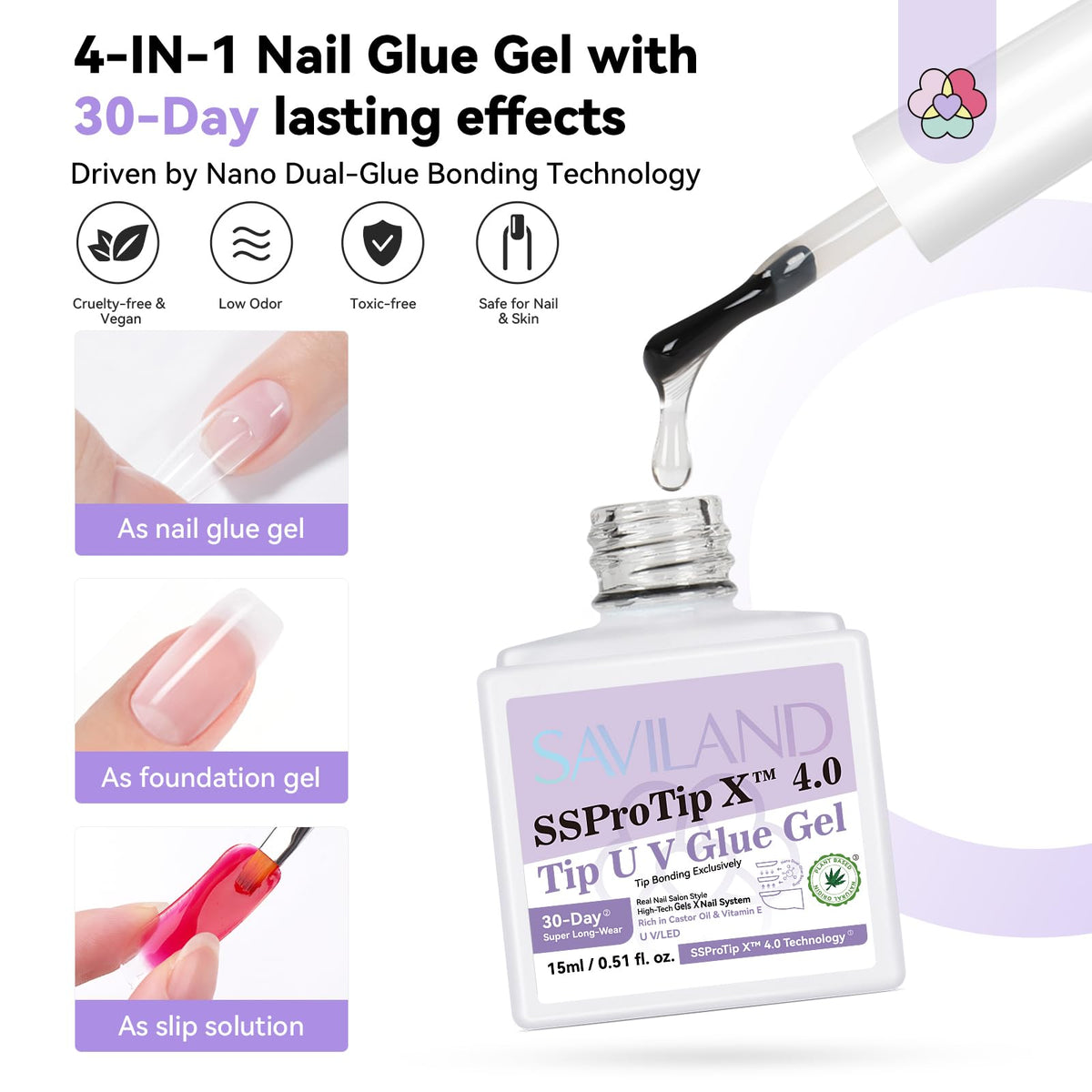 SAVILAND Nail Glue Gel with Nano Dual-Glue Bonding Technology