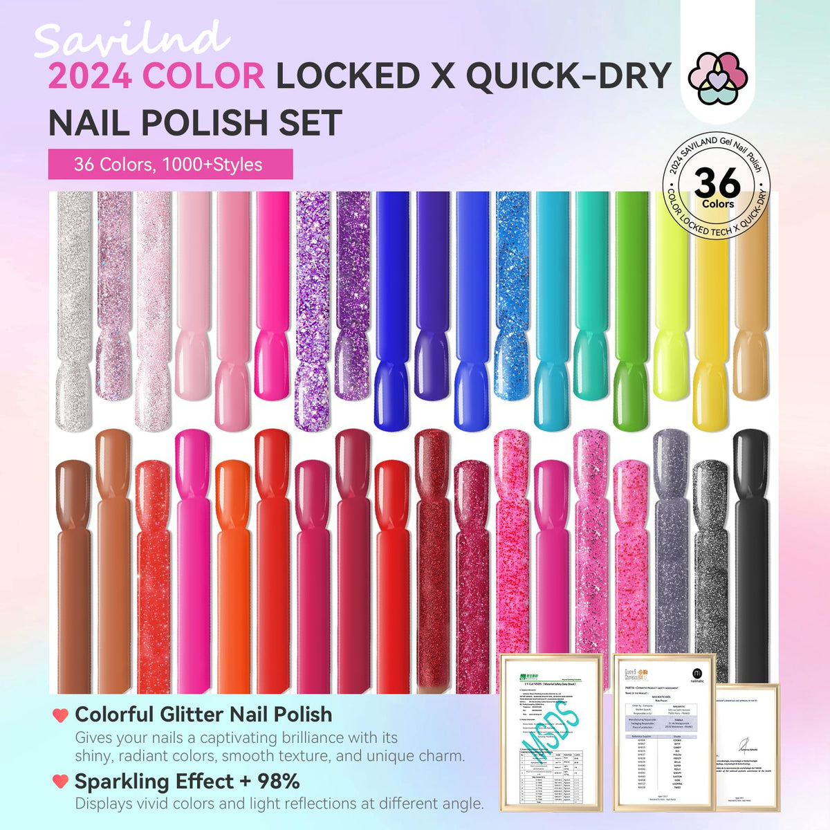 SAVILAND Nail Polish Set showing all 39 bottles including base and top coat