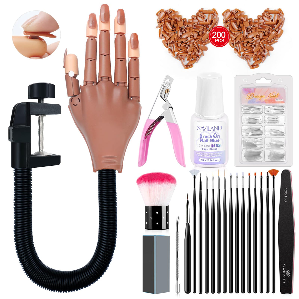 SAVILAND Nail Practice Hand Kit front view with accessories