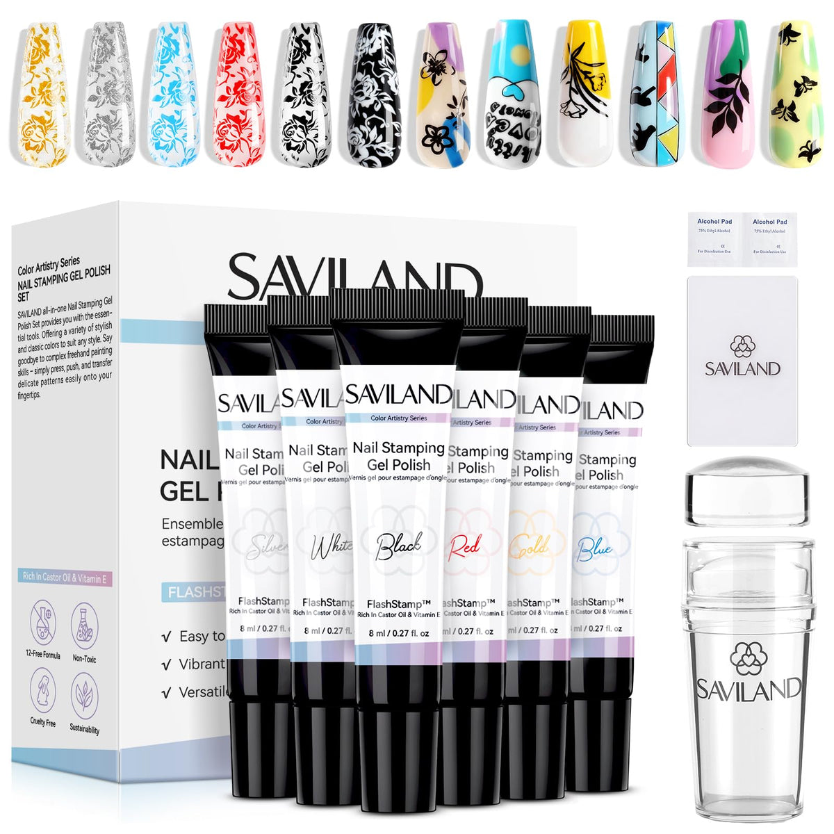 SAVILAND Nail Stamping Gel Polish Kit with 6 colours and tools