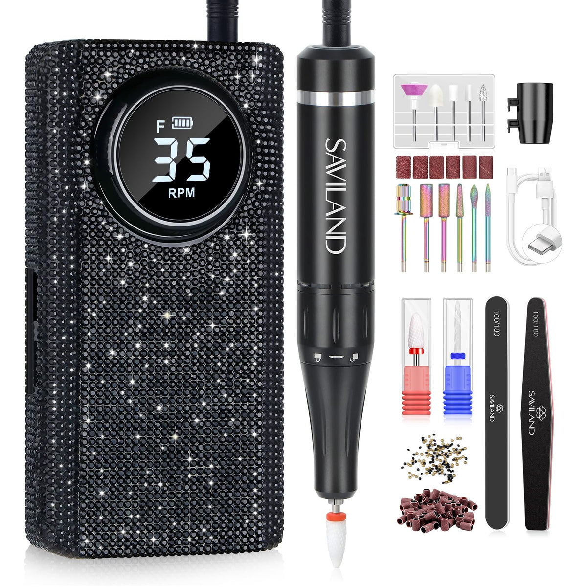 SAVILAND Portable Electric Nail Drill front view with rhinestone accents