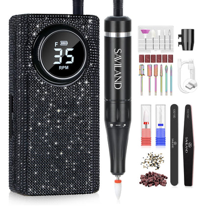 SAVILAND Portable Electric Nail Drill front view with rhinestone accents