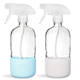SAVVY PLANET Glass Spray Bottle front view with silicone sleeve