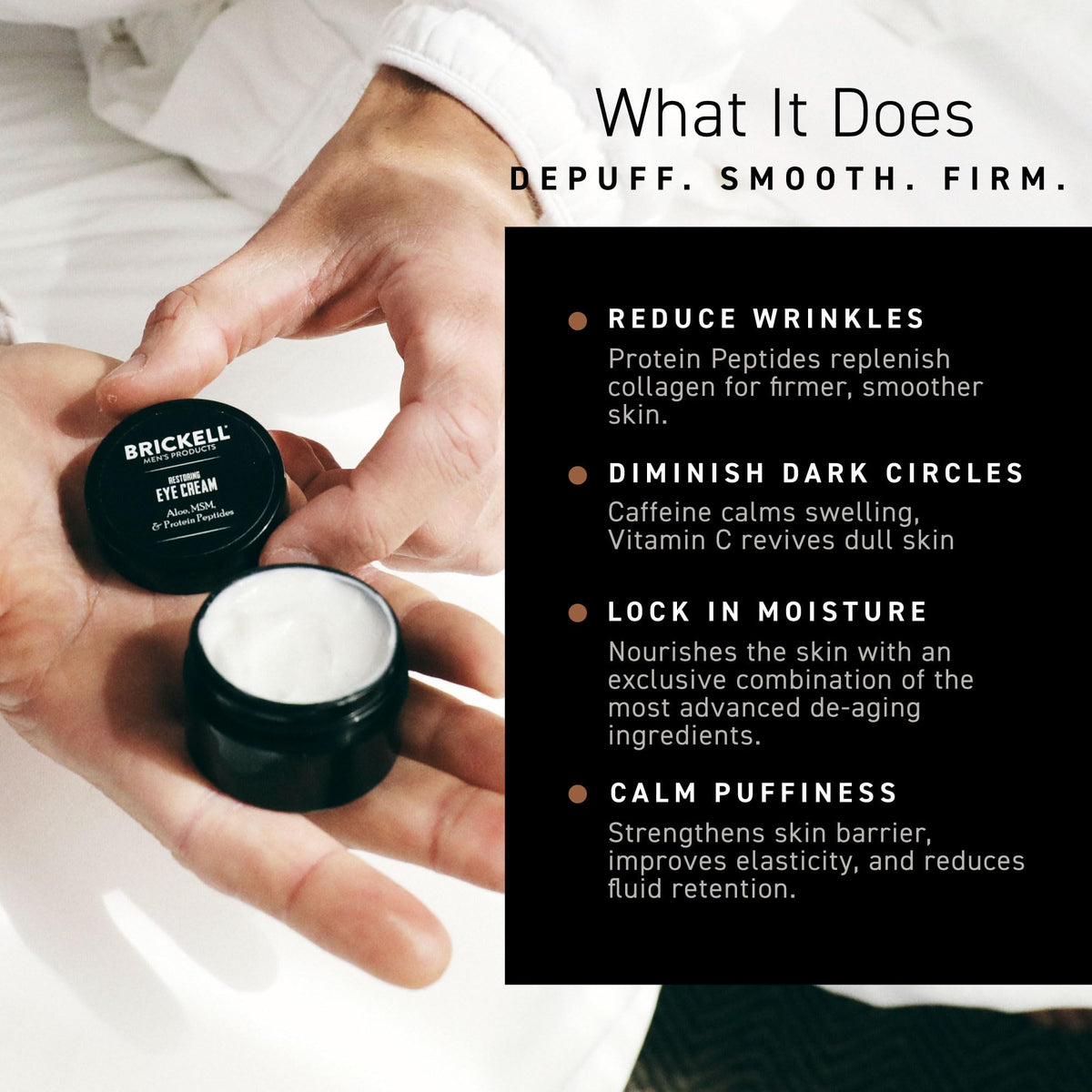 Schematic showing Brickell Men's Under Eye Cream benefits
