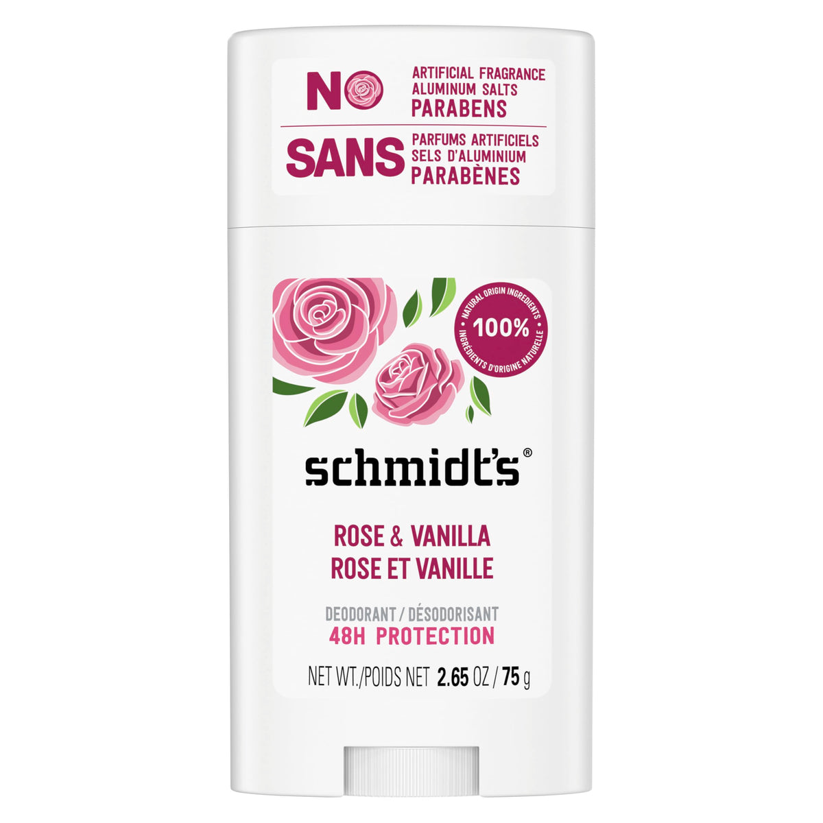 Schmidt's Rose & Vanilla Deodorant front view with packaging