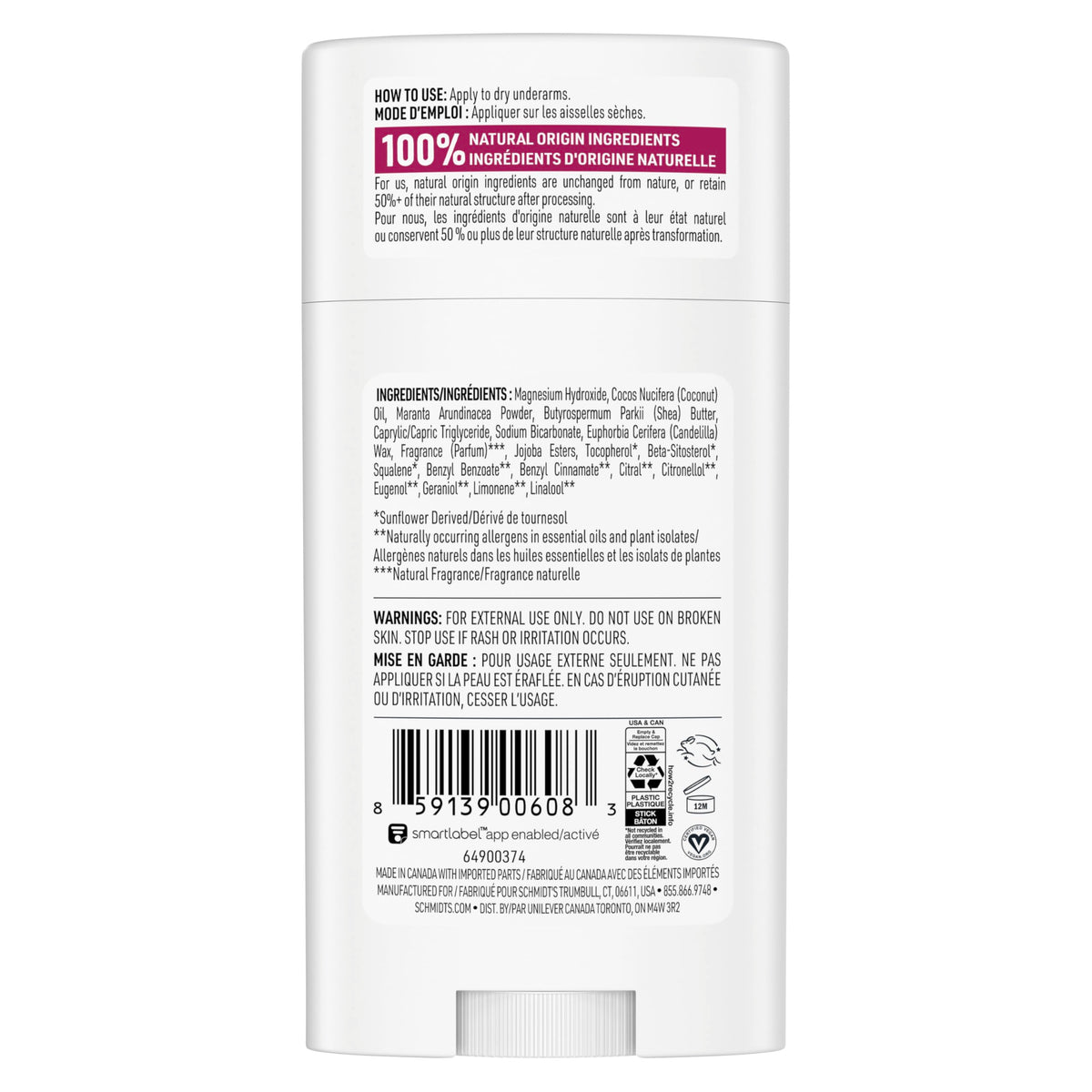 Schmidt's Rose & Vanilla Deodorant side view showing stick
