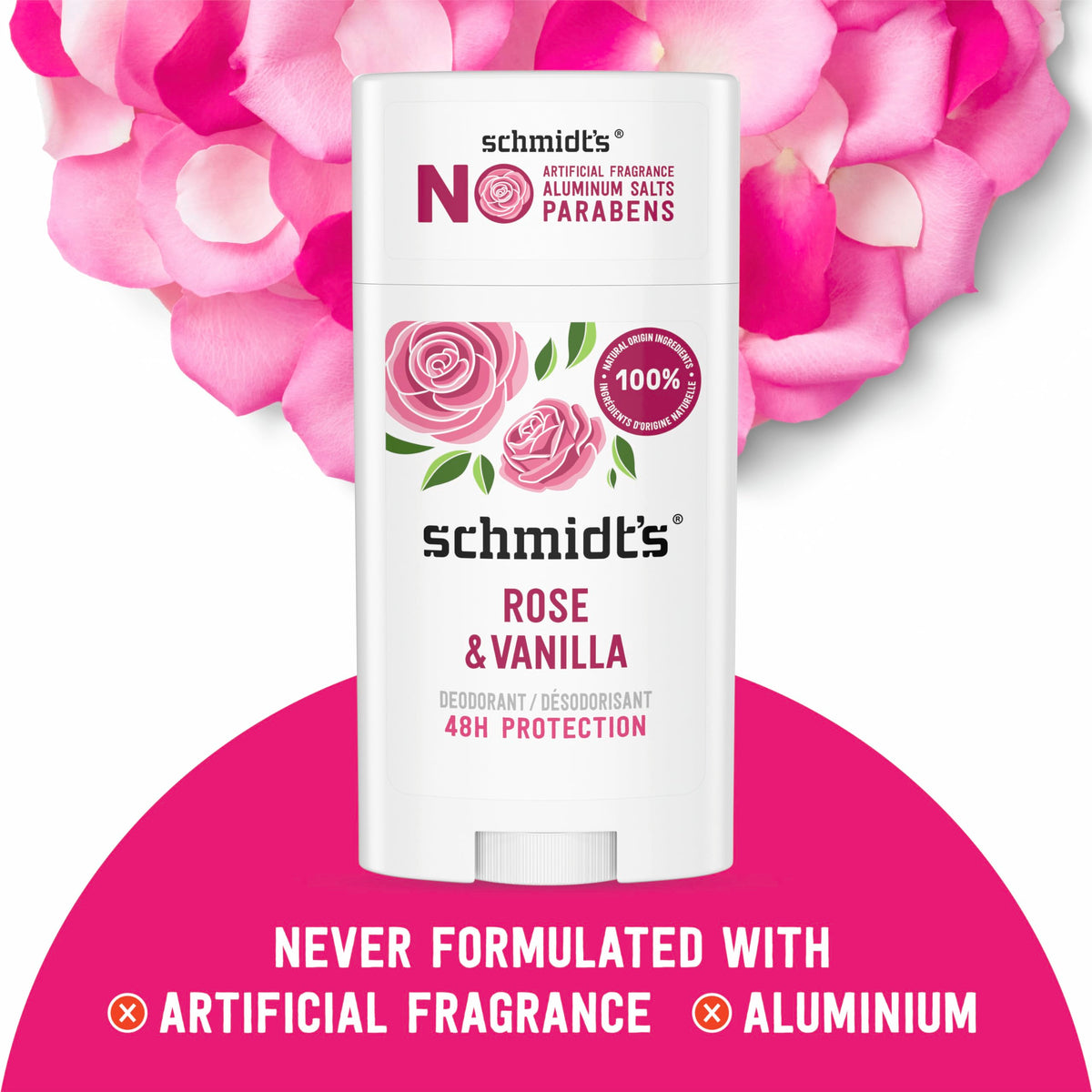 Schmidt's Rose & Vanilla Vegan Deodorant with ingredients