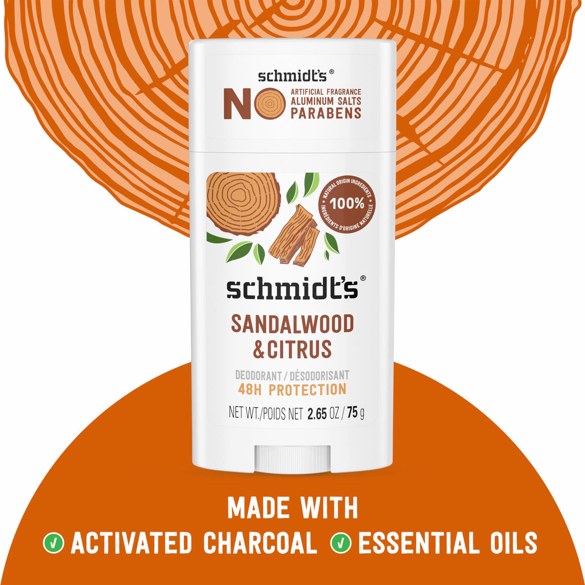 Schmidt's Sandalwood & Citrus deodorant on a bathroom counter