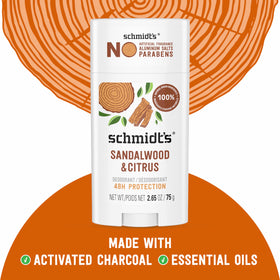 Schmidt's Sandalwood & Citrus deodorant on a bathroom counter
