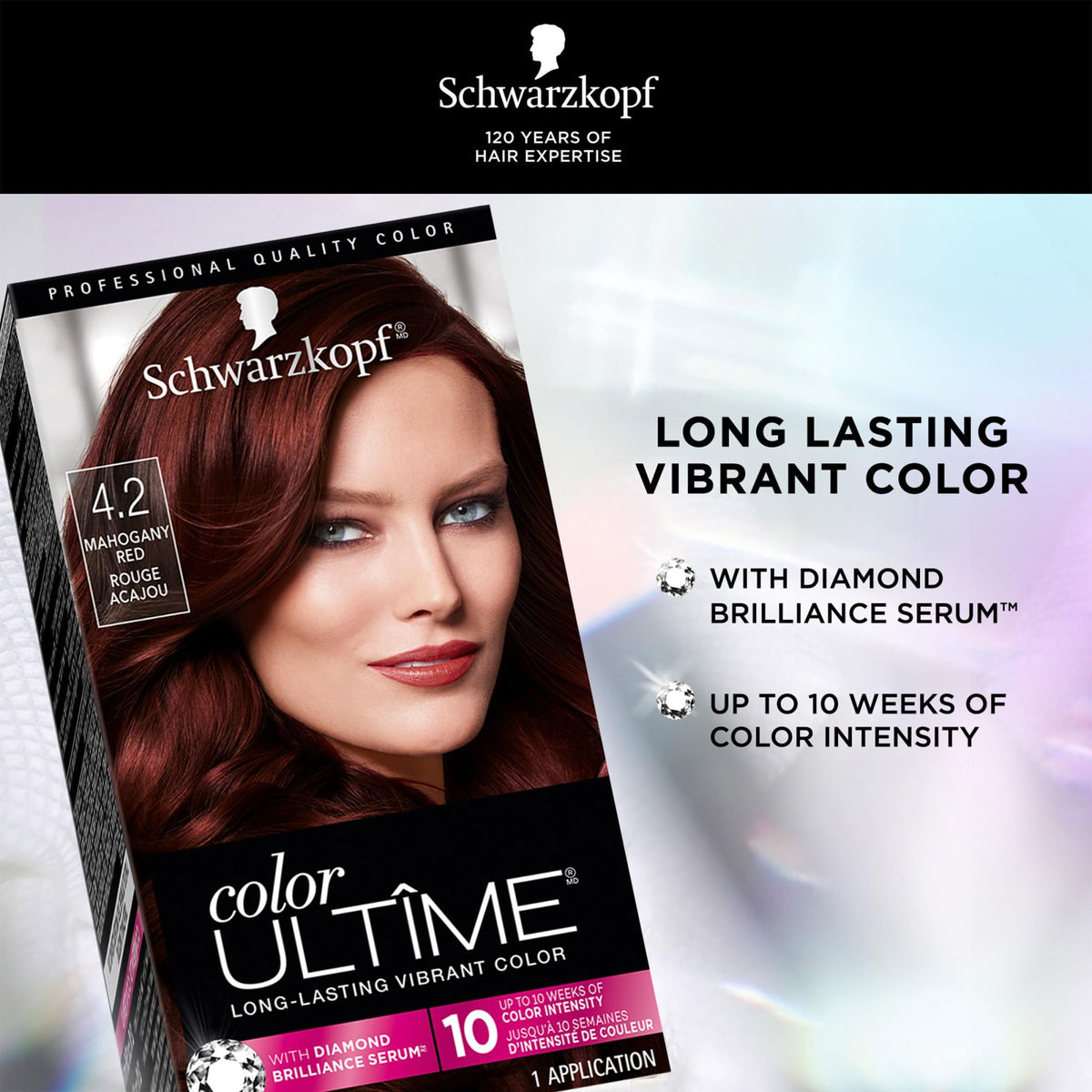 Schwarzkopf Color ULTÎME® 4.2 Mahogany Red hair dye contents including gloves and conditioner