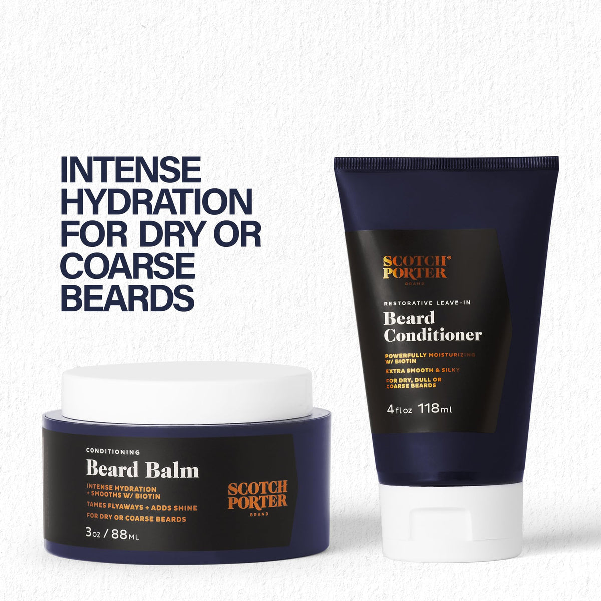 Scotch Porter Beard Balm and Leave-In Conditioner bundle on a wooden surface