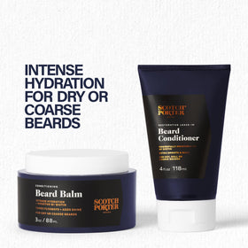 Scotch Porter Beard Balm and Leave-In Conditioner bundle on a wooden surface