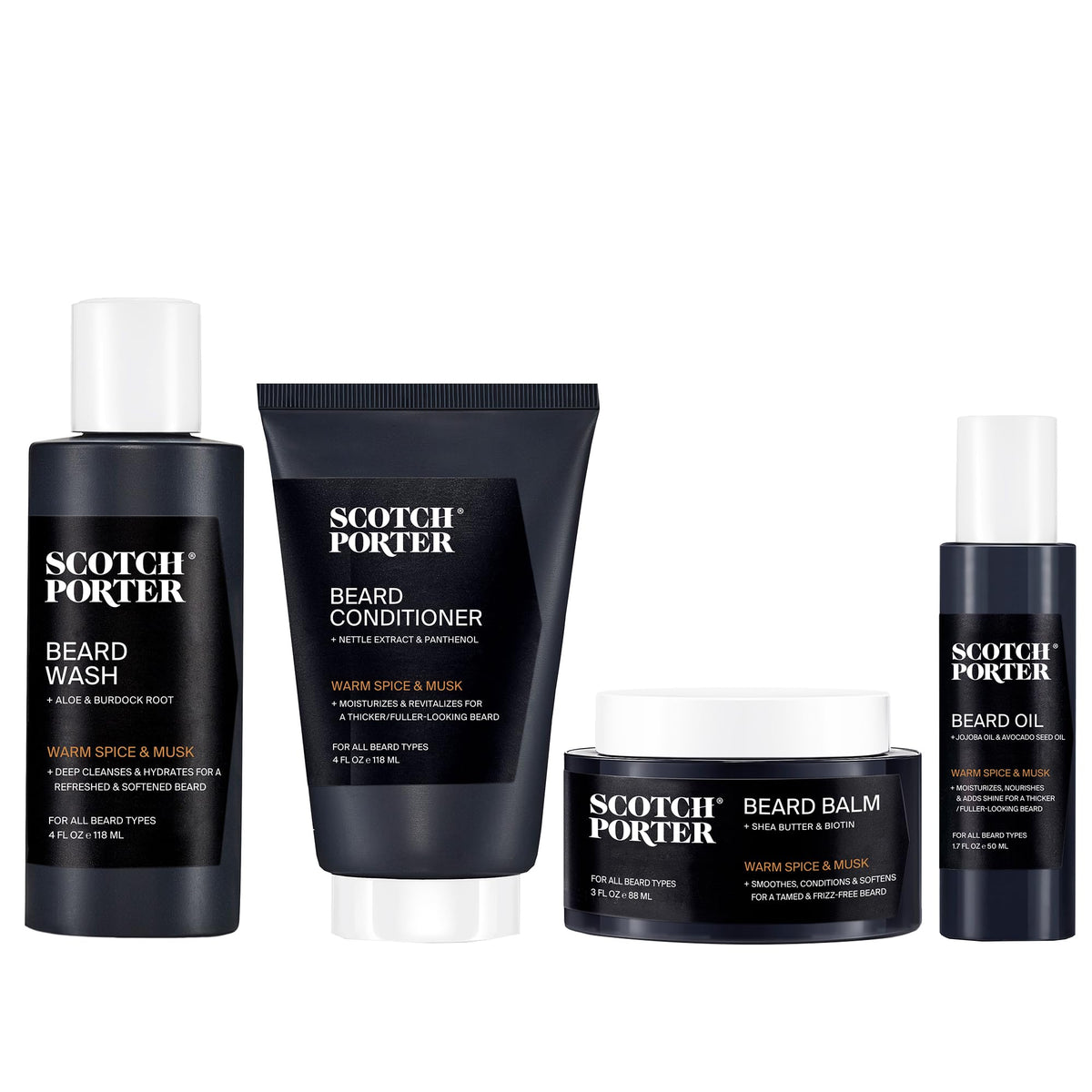 Scotch Porter Beard Kit including wash, conditioner, oil, and balm