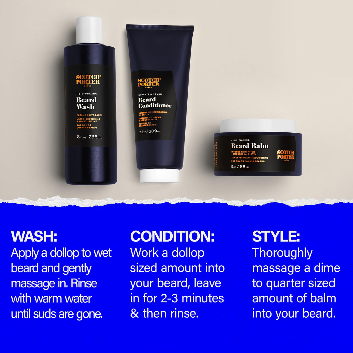 Scotch Porter Beard products arranged on a wooden surface