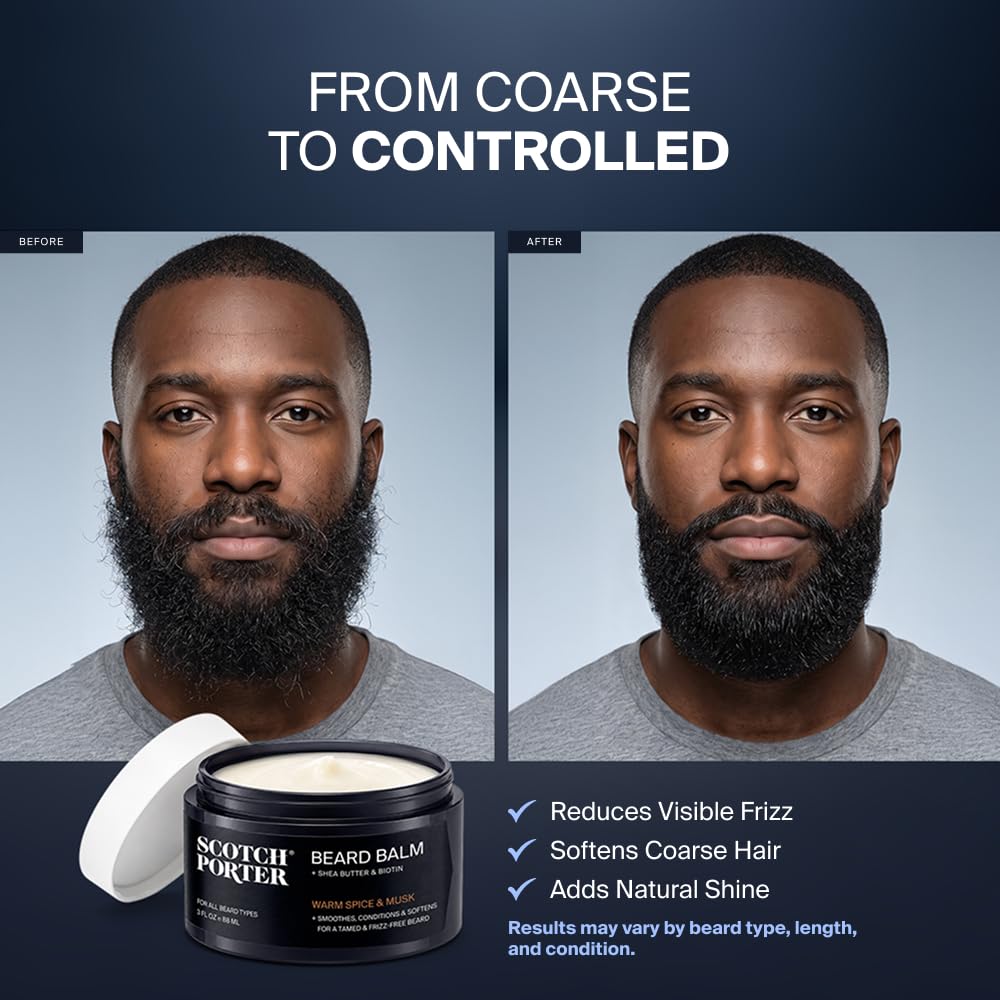 Scotch Porter Conditioning Beard Balm displayed with grooming tools