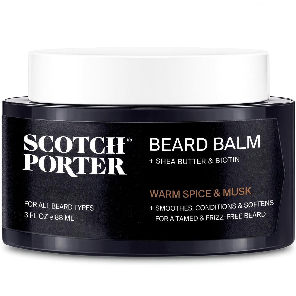 Scotch Porter Conditioning Beard Balm front view with warm spice and musk scent