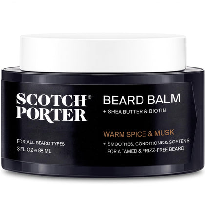 Scotch Porter Conditioning Beard Balm front view with warm spice and musk scent