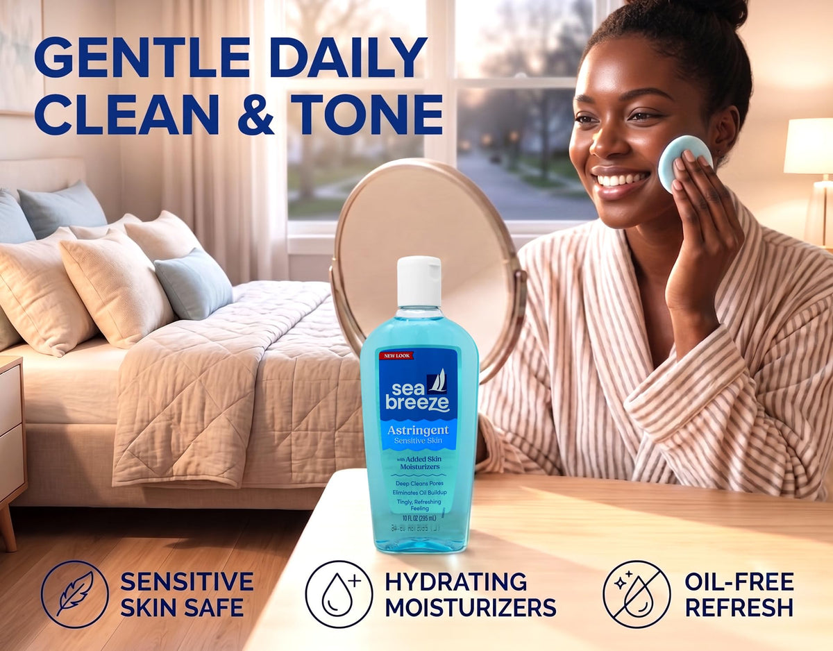 Seabreeze Fresh-Clean Astringent 10 fl oz bottle on bathroom counter