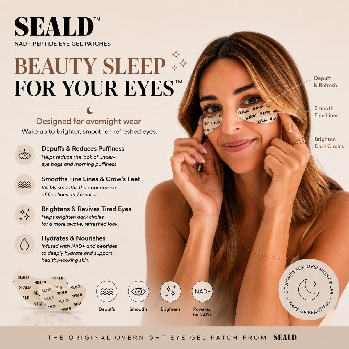 SEALD NAD+ Peptide Eye Gel Patches applied under eyes