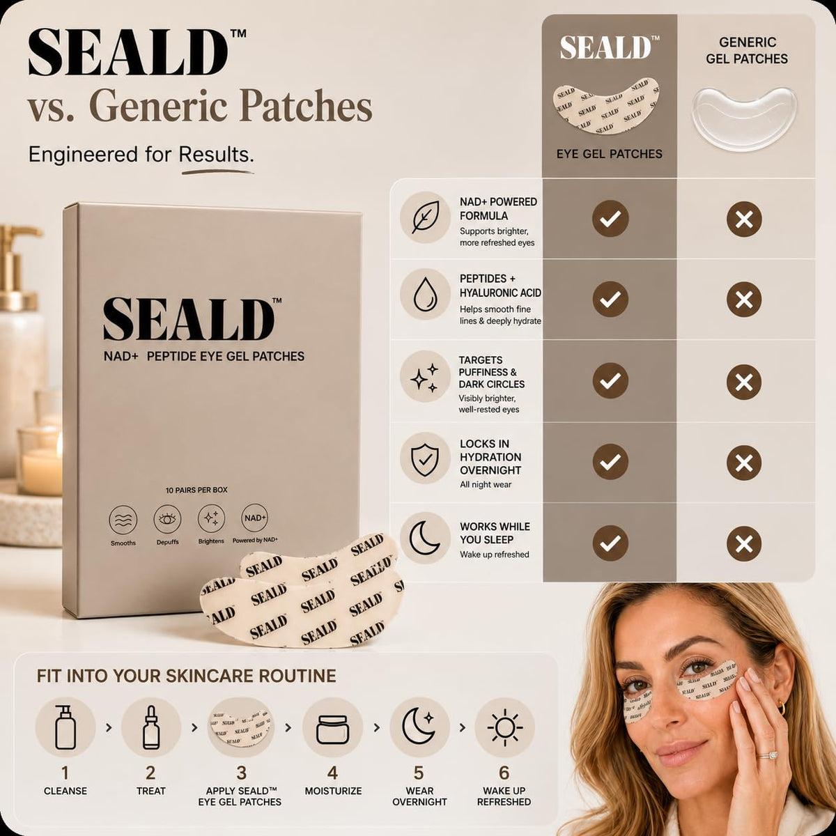SEALD NAD+ Peptide Eye Gel Patches in use on a relaxing background