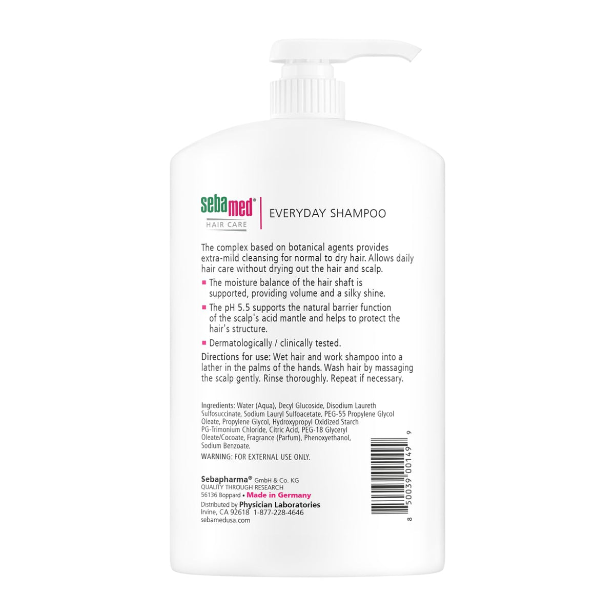 SEBAMED Everyday Shampoo 1L back view showing ingredients