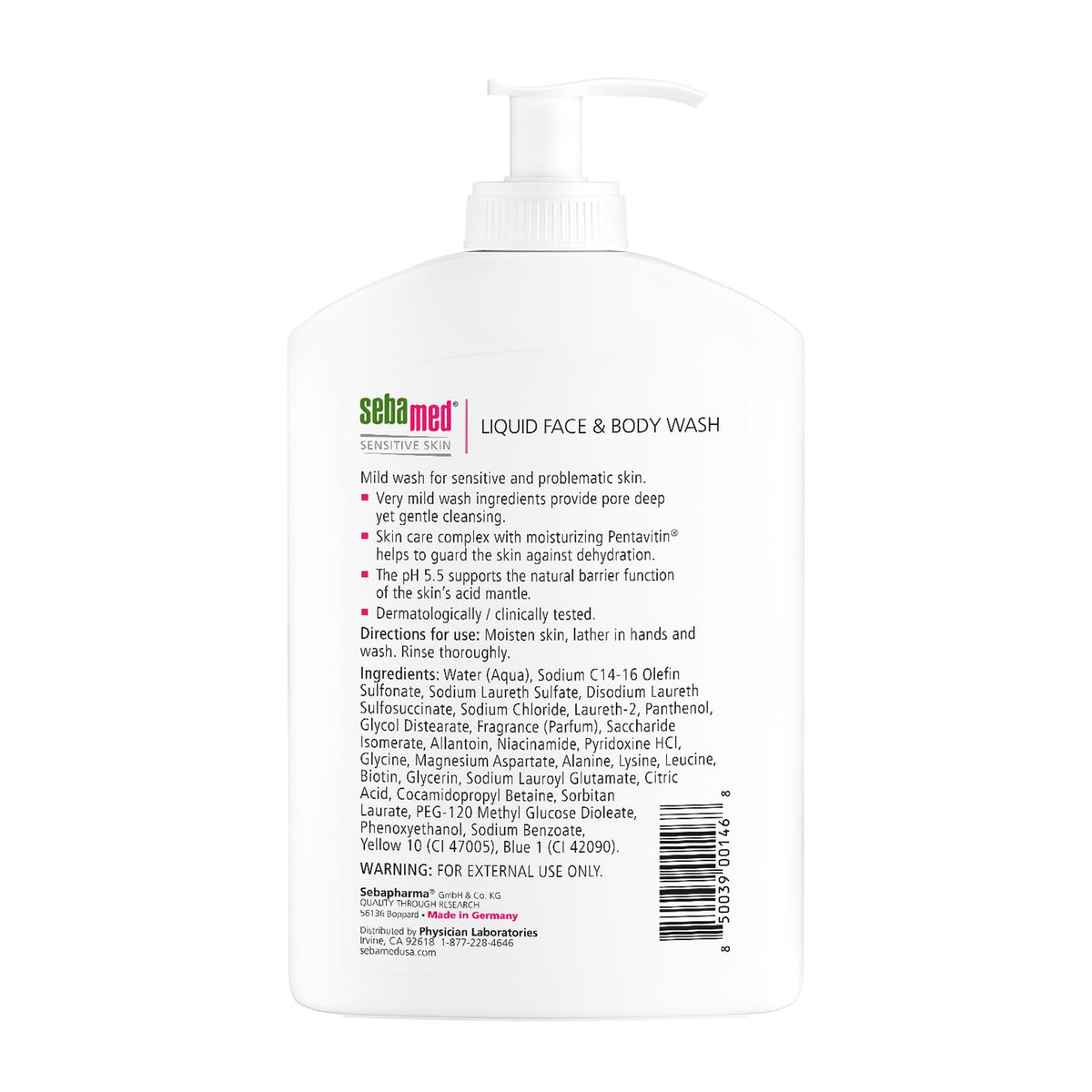 SEBAMED Liquid Face & Body Wash 400ml back view with ingredients