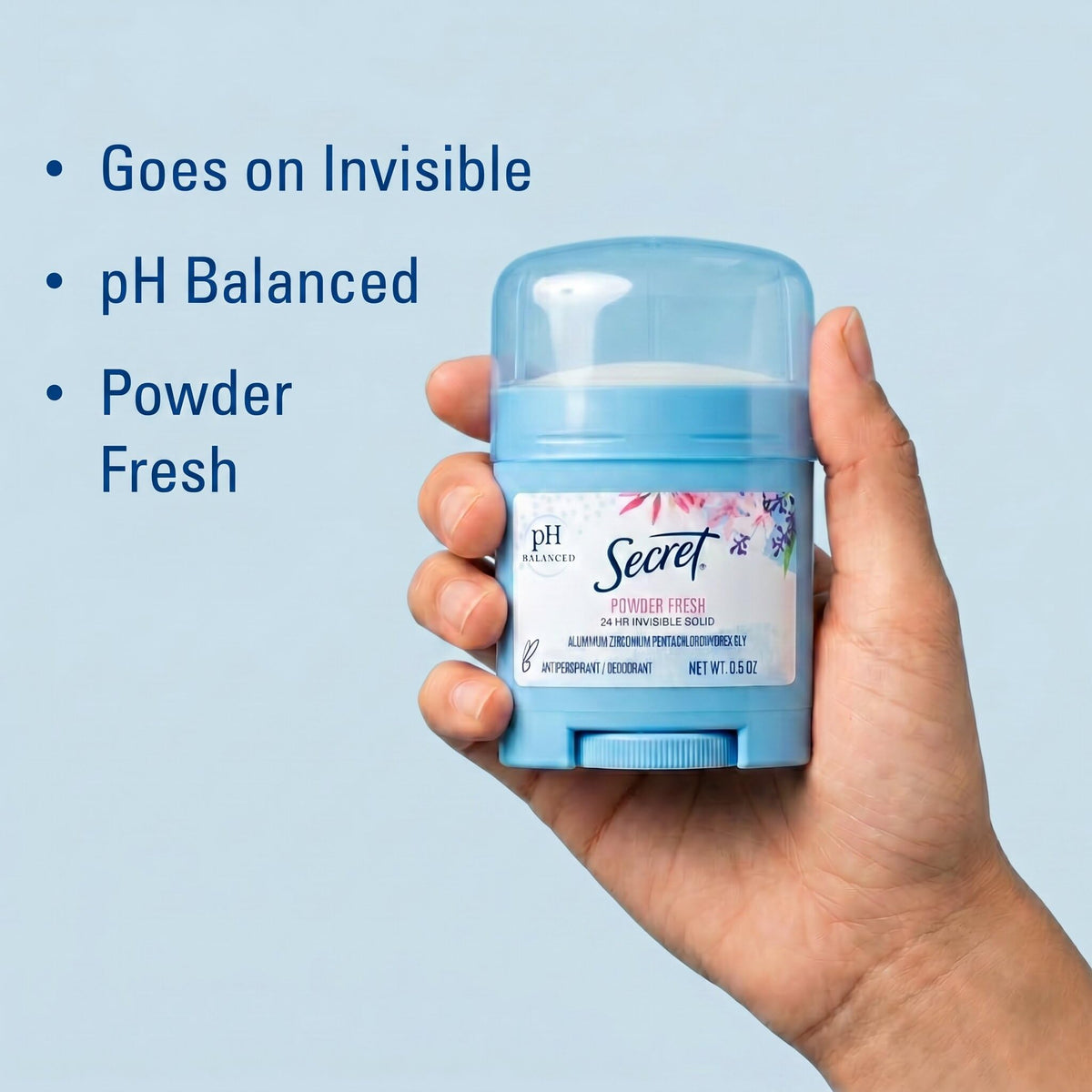 Secret Antiperspirant travel size packaging with 0.5 oz label