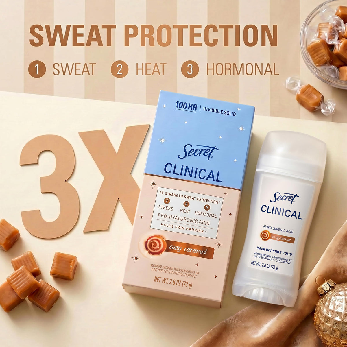Secret Clinical Strength Antiperspirant Deodorant 100HR Cozy Caramel on a bathroom counter
