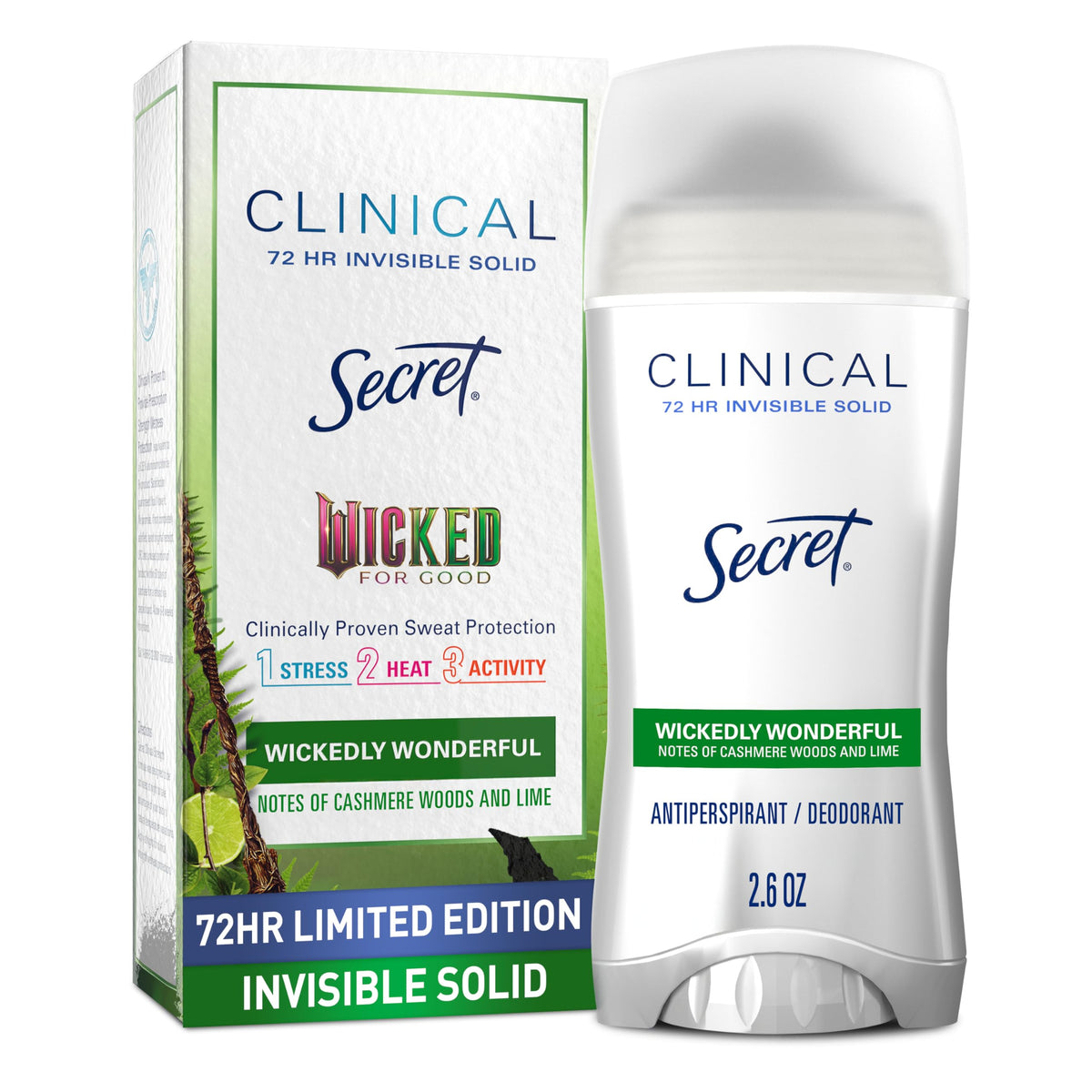 Secret Clinical Strength Antiperspirant Deodorant front view with Cashmere Woods & Lime scent