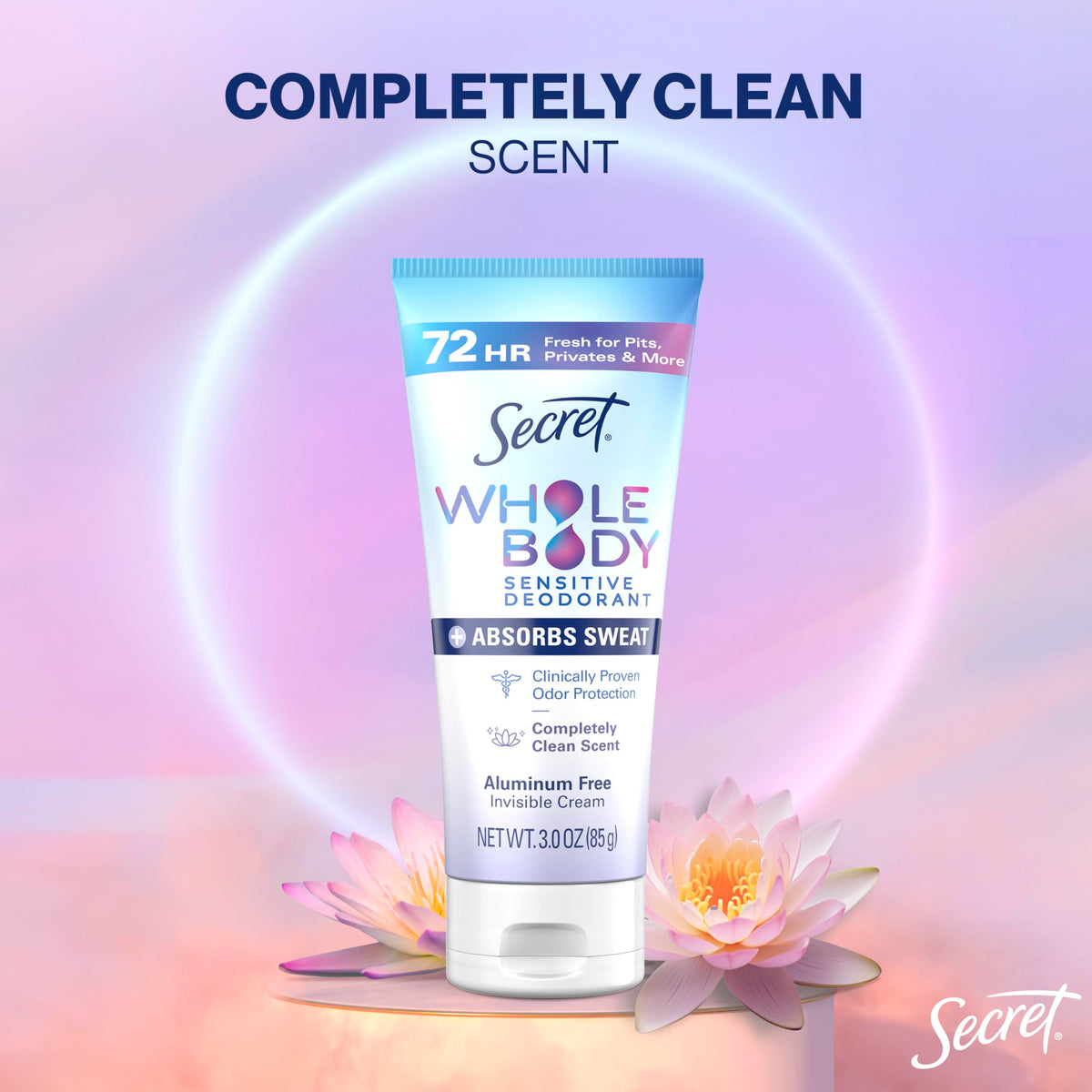 Secret Whole Body Deodorant Dry Feel Cream with sports gear