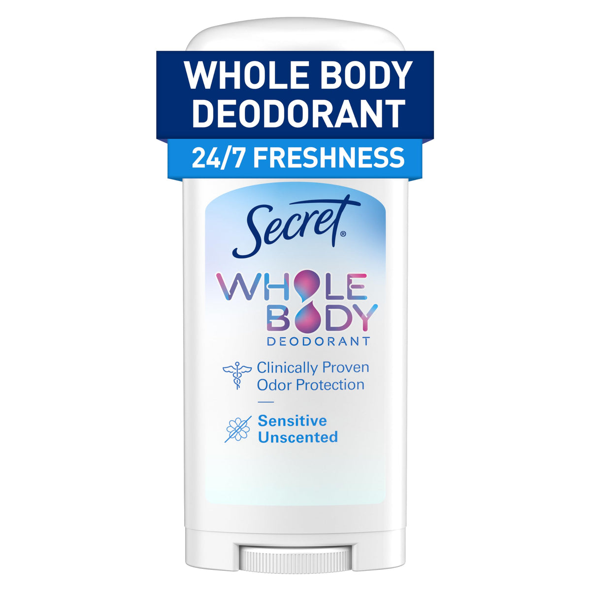 Secret Whole Body Deodorant Stick for Women, unscented, 2.4 oz front view
