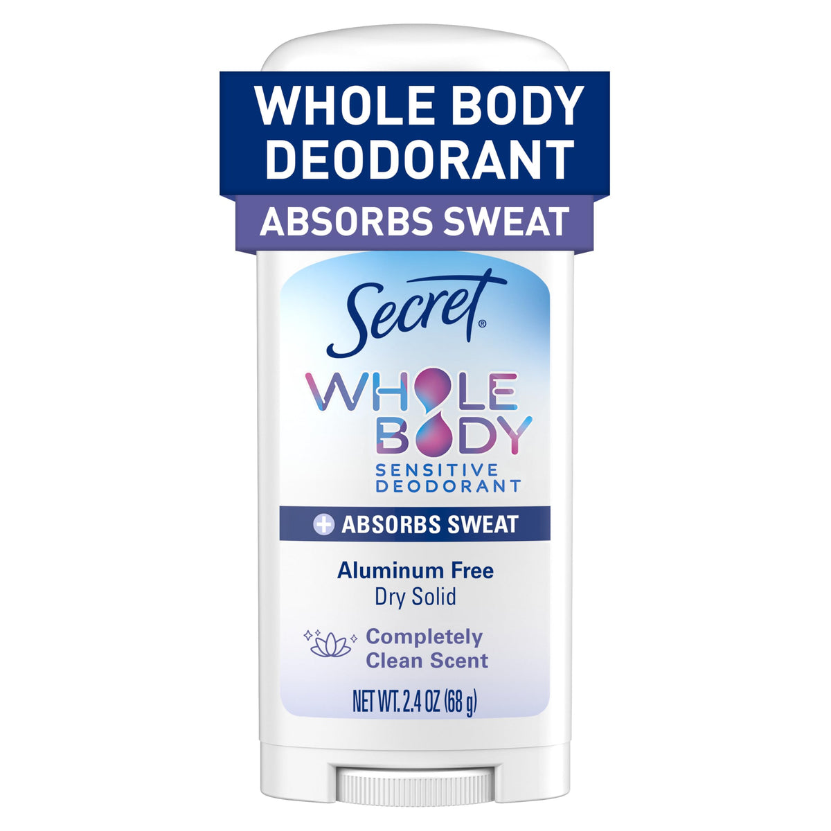 Secret Whole Body Deodorant Stick front view, 2.4 oz