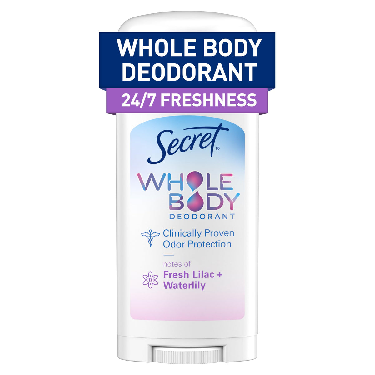 Secret Whole Body Deodorant Stick front view, lilac & waterlily scent