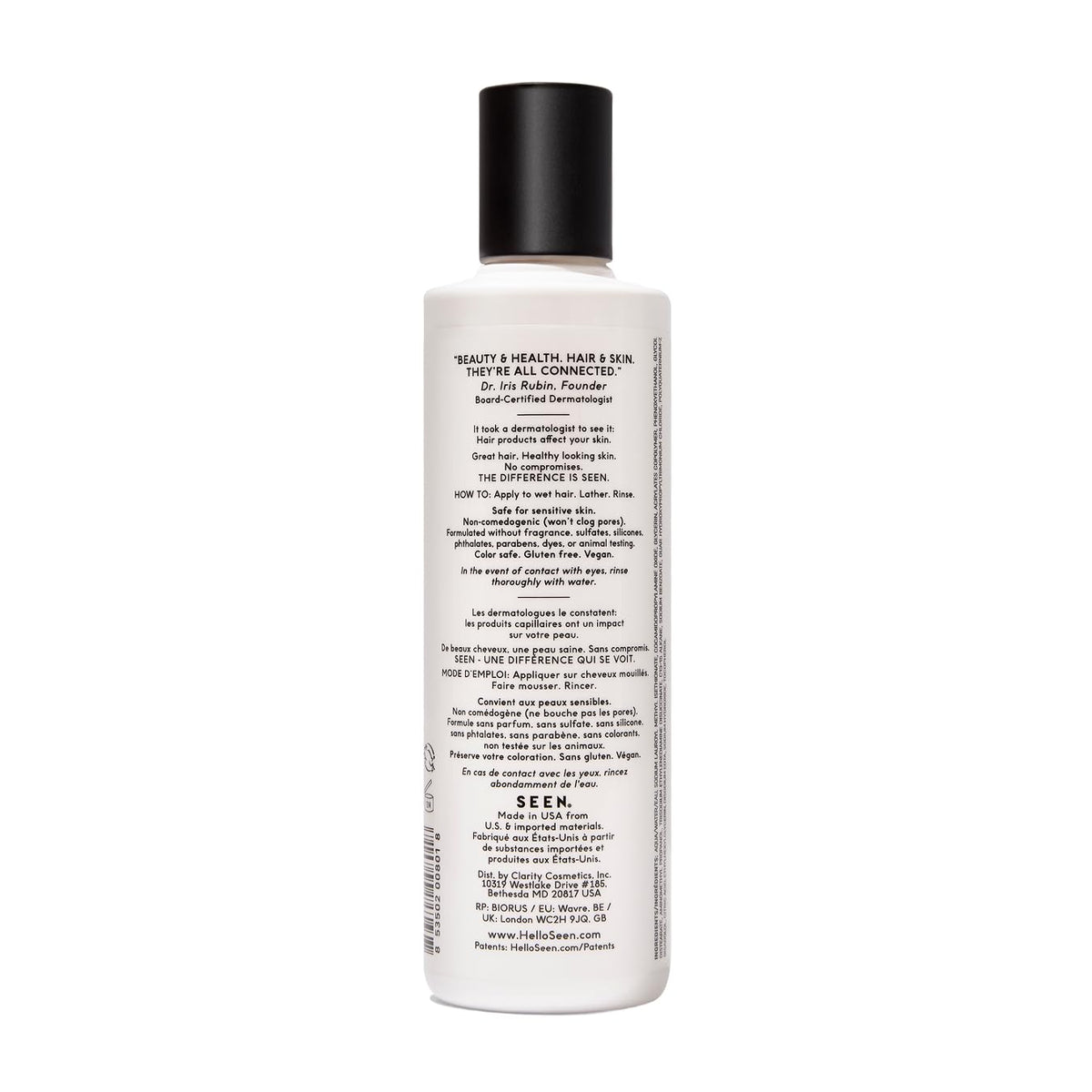SEEN Shampoo bottle back view with ingredient list