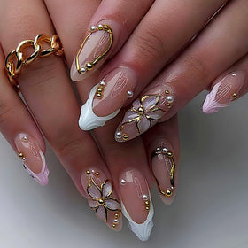 SEENEEY Almond Press on Nails 3D Flowers and Gold Charm front view