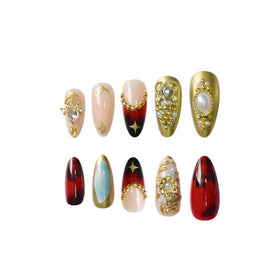 SEENEEY Almond Press on Nails close-up of rhinestone detail