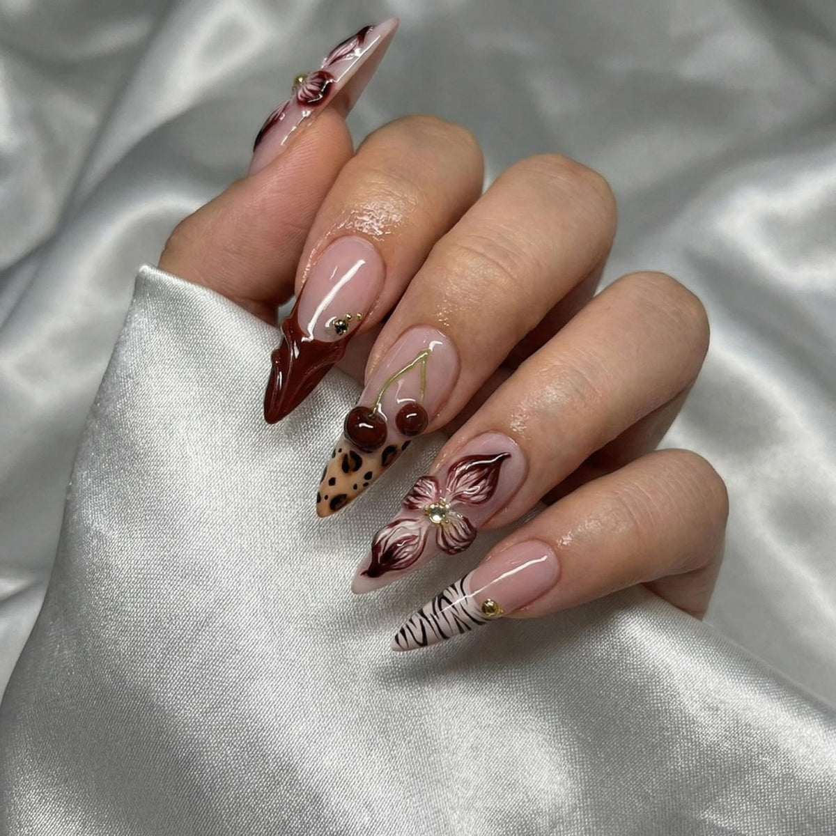 SEENEEY Almond Press on Nails red floral design front view