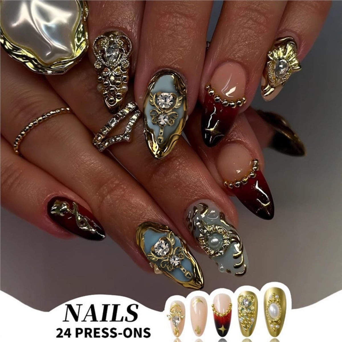 SEENEEY Almond Press on Nails side view showcasing design