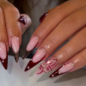 SEENEEY Long Press on Nails Stiletto Red French Brown Leopard front view