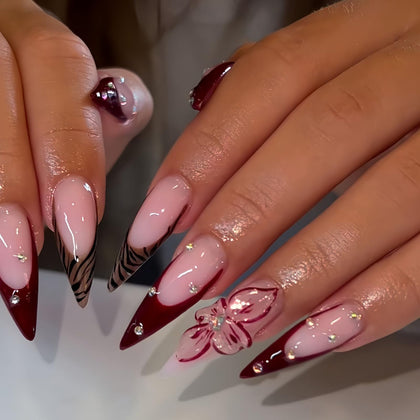 SEENEEY Long Press on Nails Stiletto Red French Brown Leopard front view