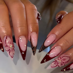 SEENEEY Long Press on Nails with red French and brown leopard design
