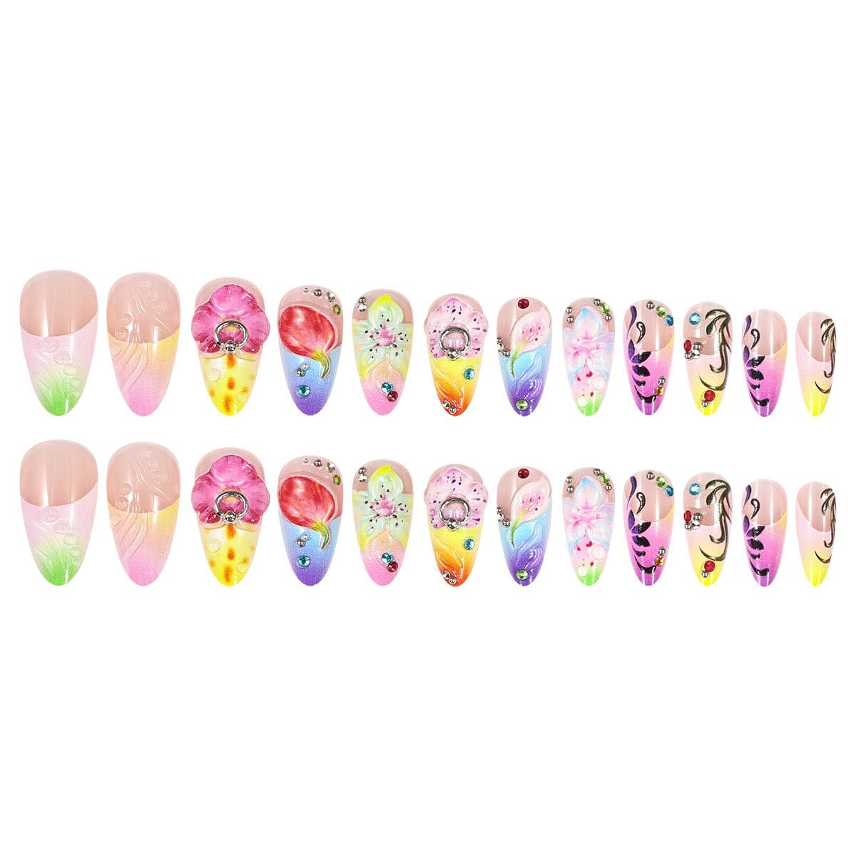 SEENEEY Press On Nails Almond Floral Design on hand