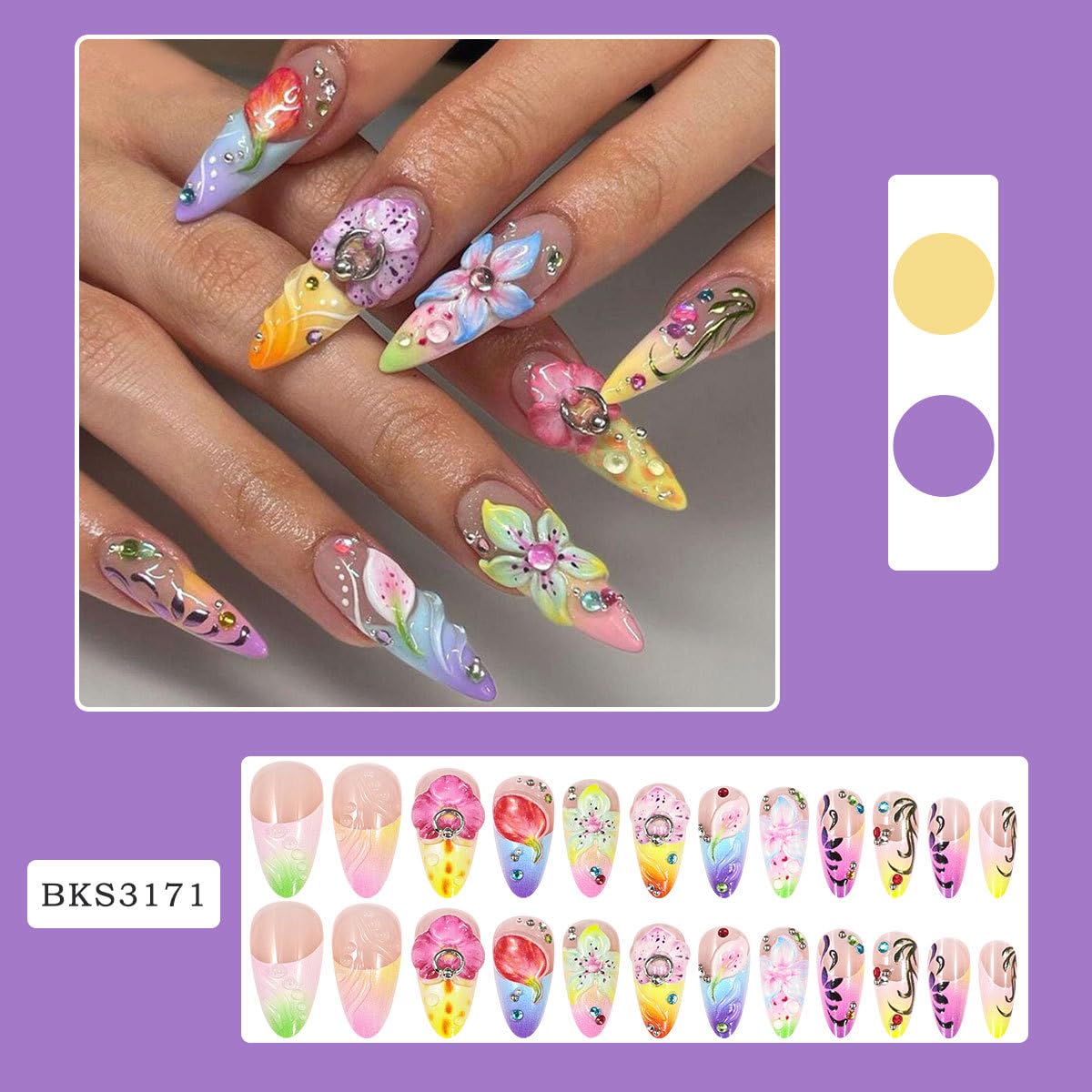 SEENEEY Press On Nails Almond Floral Design packaging