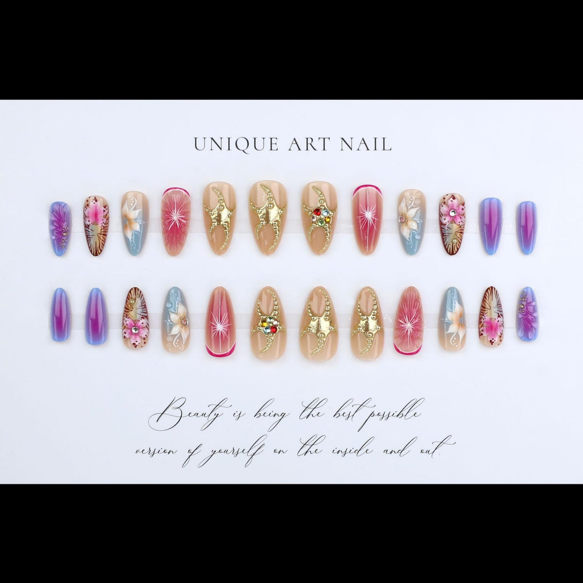 SEENEEY Press On Nails Almond Ombre Flowers close-up