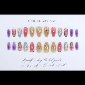 SEENEEY Press On Nails Almond Ombre Flowers close-up