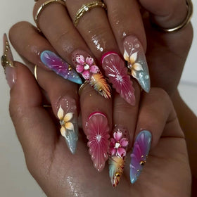 SEENEEY Press On Nails Almond Ombre Flowers front view