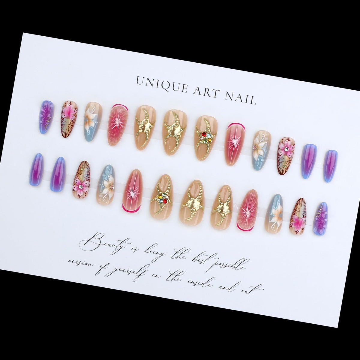 SEENEEY Press On Nails Almond Ombre Flowers lifestyle shot