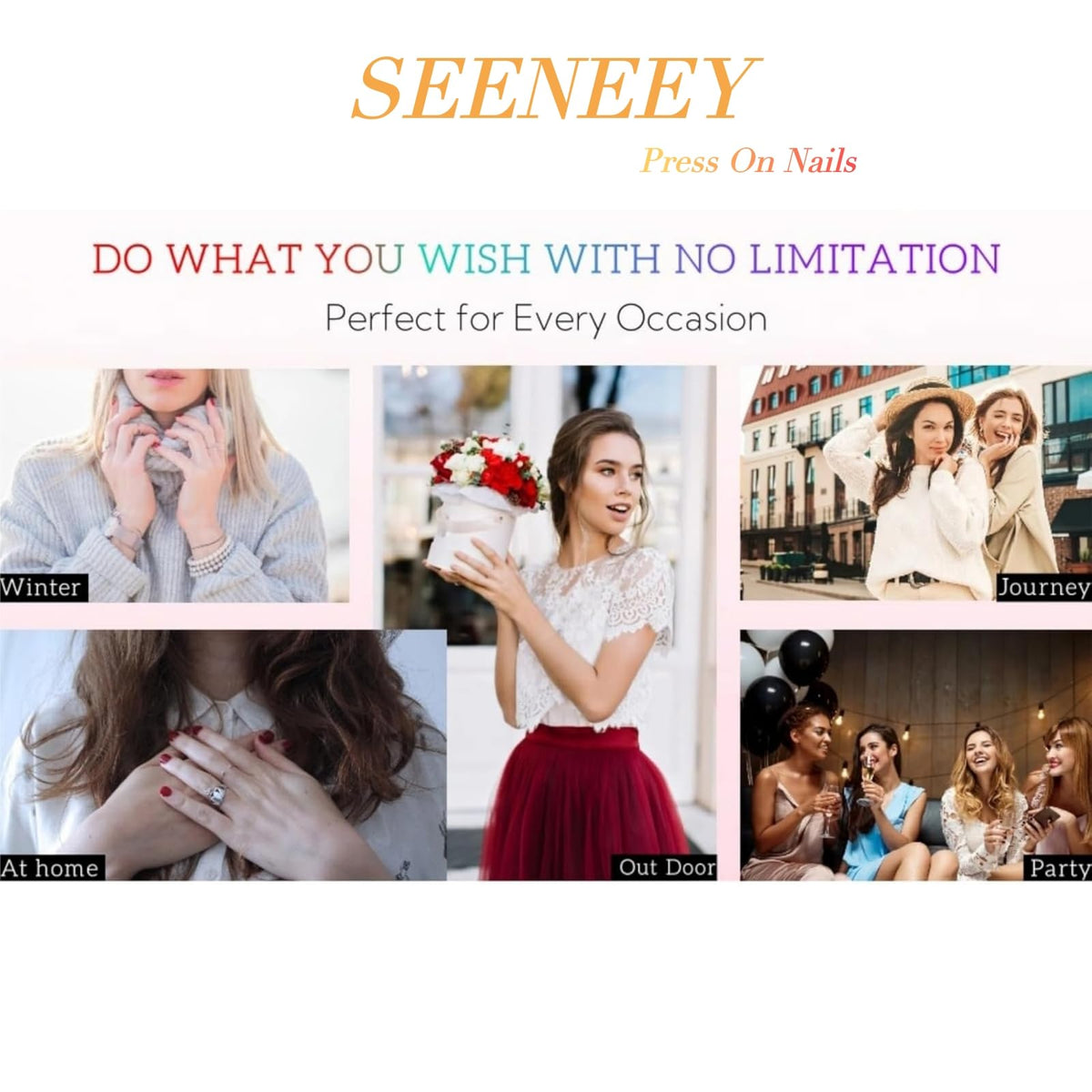 SEENEEY press on nails in use at a party setting