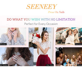 SEENEEY press on nails in use at a party setting