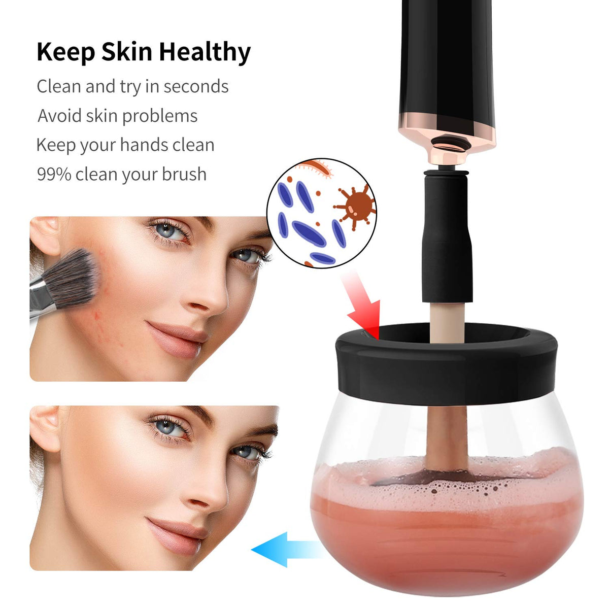 Senbowe Makeup Brush Cleaner showing different collar sizes